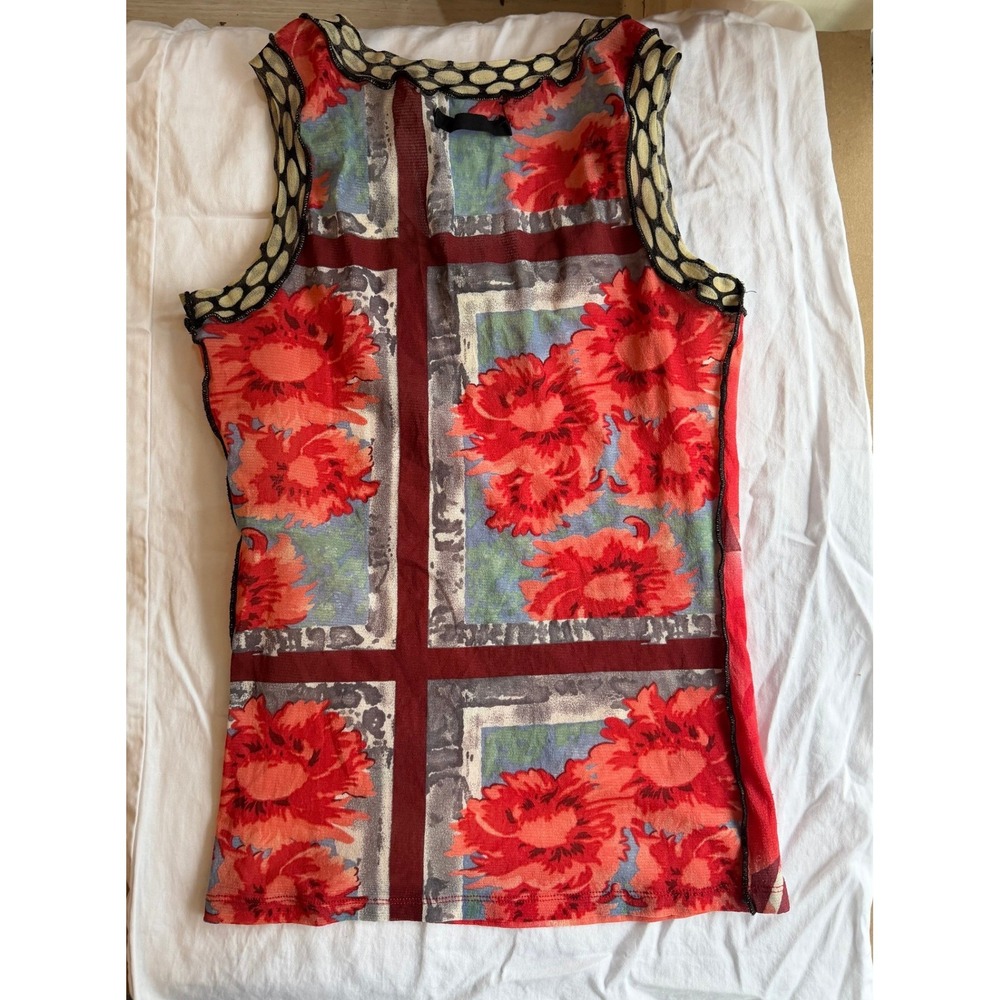 Marc Aurel Y2K Mesh Tank Top Size 36 Small Red Abstract Floral Scalloped Tirm - Picture 7 of 7